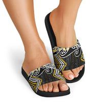 Gold Aotearoa Tukutuku Manawa Tapu Slide Sandals Ta Moko Toi Maori - Polynesian Pride