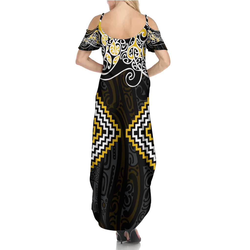 Gold Aotearoa Tukutuku Manawa Tapu Summer Maxi Dress Ta Moko Toi Maori