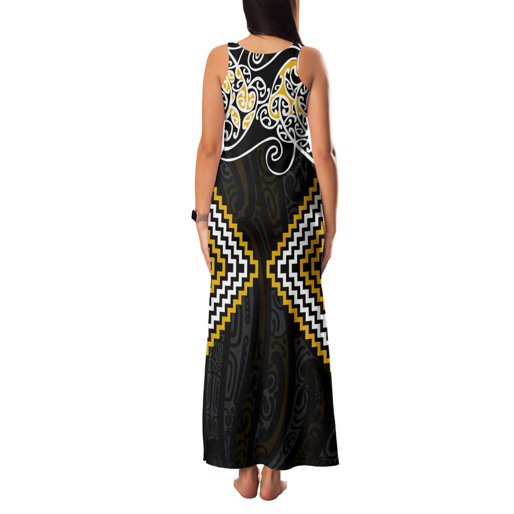 Gold Aotearoa Tukutuku Manawa Tapu Tank Maxi Dress Ta Moko Toi Maori