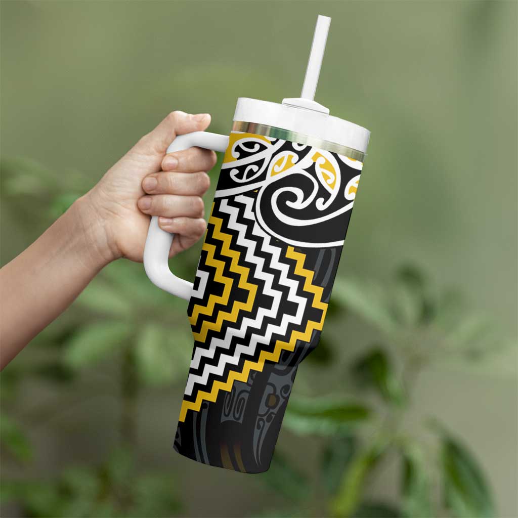 Gold Aotearoa Tukutuku Manawa Tapu Tumbler With Handle Ta Moko Toi Maori