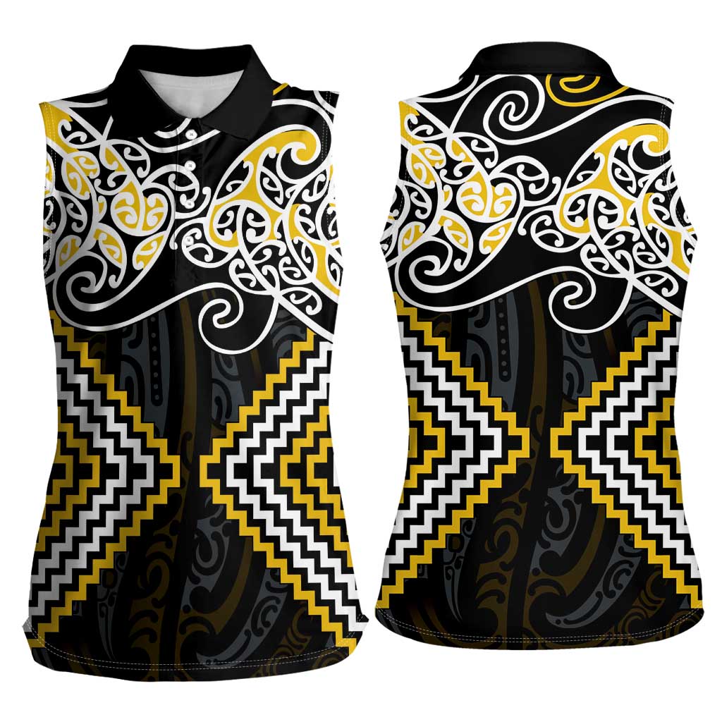 Gold Aotearoa Tukutuku Manawa Tapu Women Sleeveless Polo Shirt Ta Moko Toi Maori