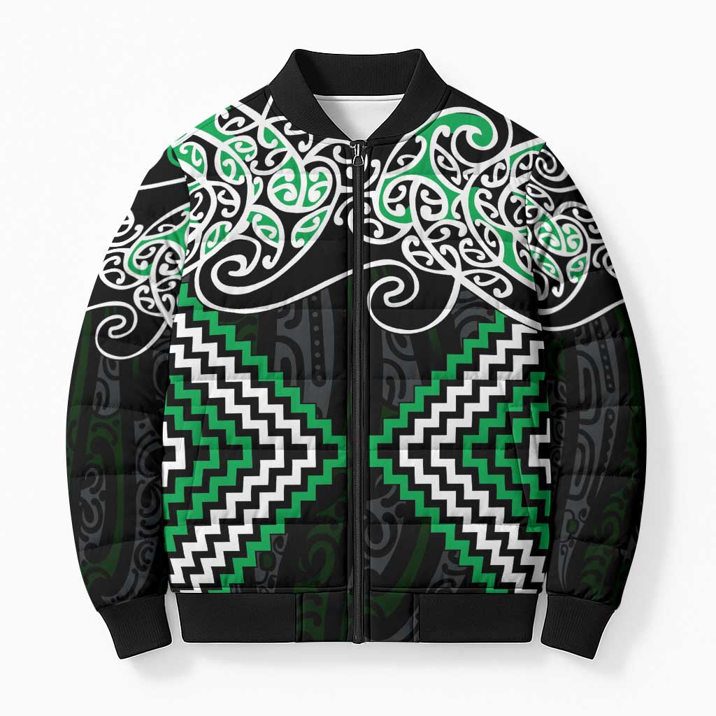 Green Aotearoa Tukutuku Manawa Tapu Bomber Puffer Jacket Ta Moko Toi Maori - Polynesian Pride