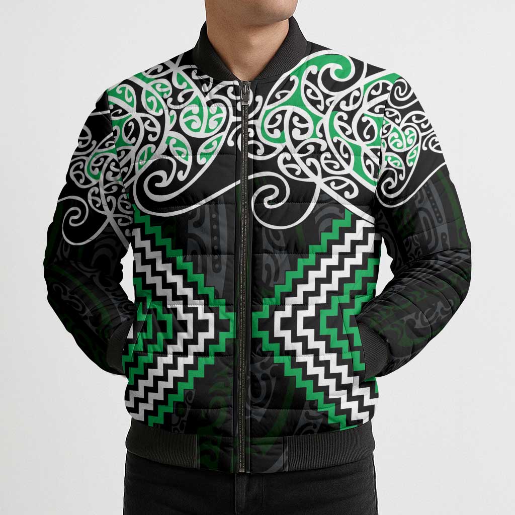 Green Aotearoa Tukutuku Manawa Tapu Bomber Puffer Jacket Ta Moko Toi Maori - Polynesian Pride