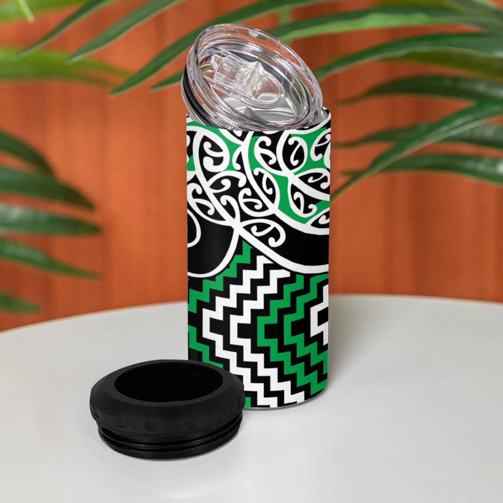 Green Aotearoa Tukutuku Manawa Tapu 4 in 1 Can Cooler Tumbler Ta Moko Toi Maori