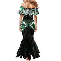 Green Aotearoa Tukutuku Manawa Tapu Family Matching Mermaid Dress and Hawaiian Shirt Ta Moko Toi Maori