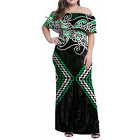 Green Aotearoa Tukutuku Manawa Tapu Family Matching Off Shoulder Maxi Dress and Hawaiian Shirt Ta Moko Toi Maori