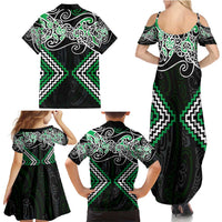 Green Aotearoa Tukutuku Manawa Tapu Family Matching Summer Maxi Dress and Hawaiian Shirt Ta Moko Toi Maori