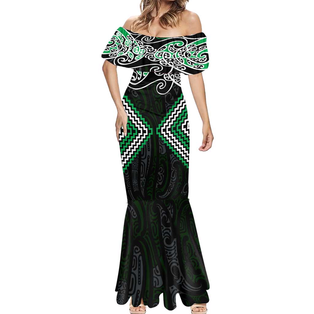 Green Aotearoa Tukutuku Manawa Tapu Mermaid Dress Ta Moko Toi Maori