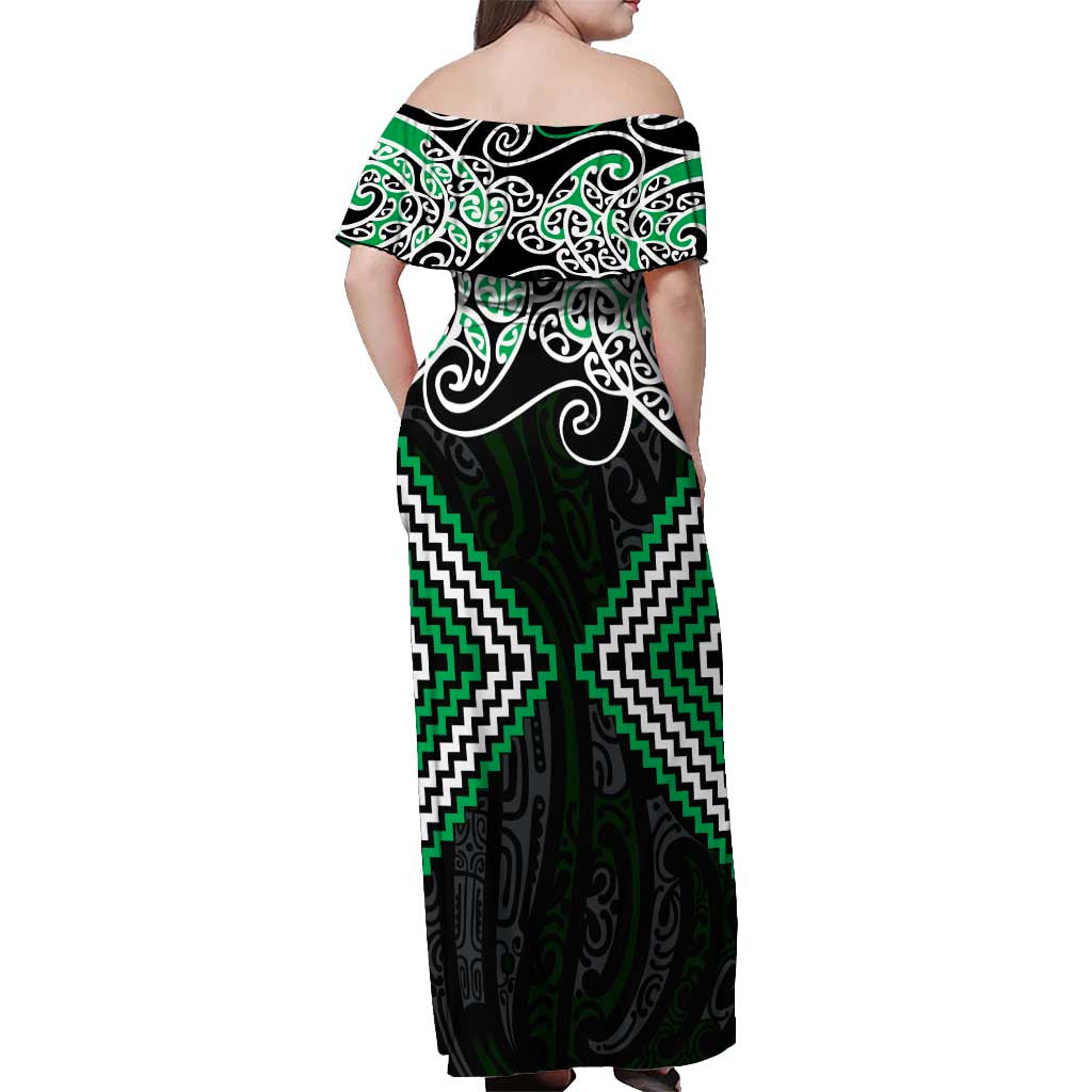 Green Aotearoa Tukutuku Manawa Tapu Off Shoulder Maxi Dress Ta Moko Toi Maori