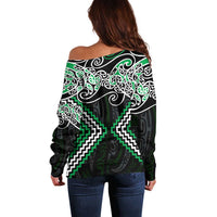 Green Aotearoa Tukutuku Manawa Tapu Off Shoulder Sweater Ta Moko Toi Maori