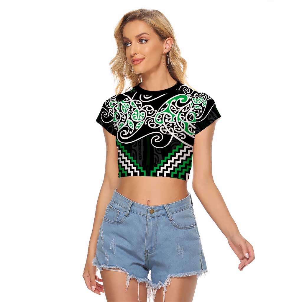 Green Aotearoa Tukutuku Manawa Tapu Raglan Cropped T Shirt Ta Moko Toi Maori LT9 Female Green - Polynesian Pride