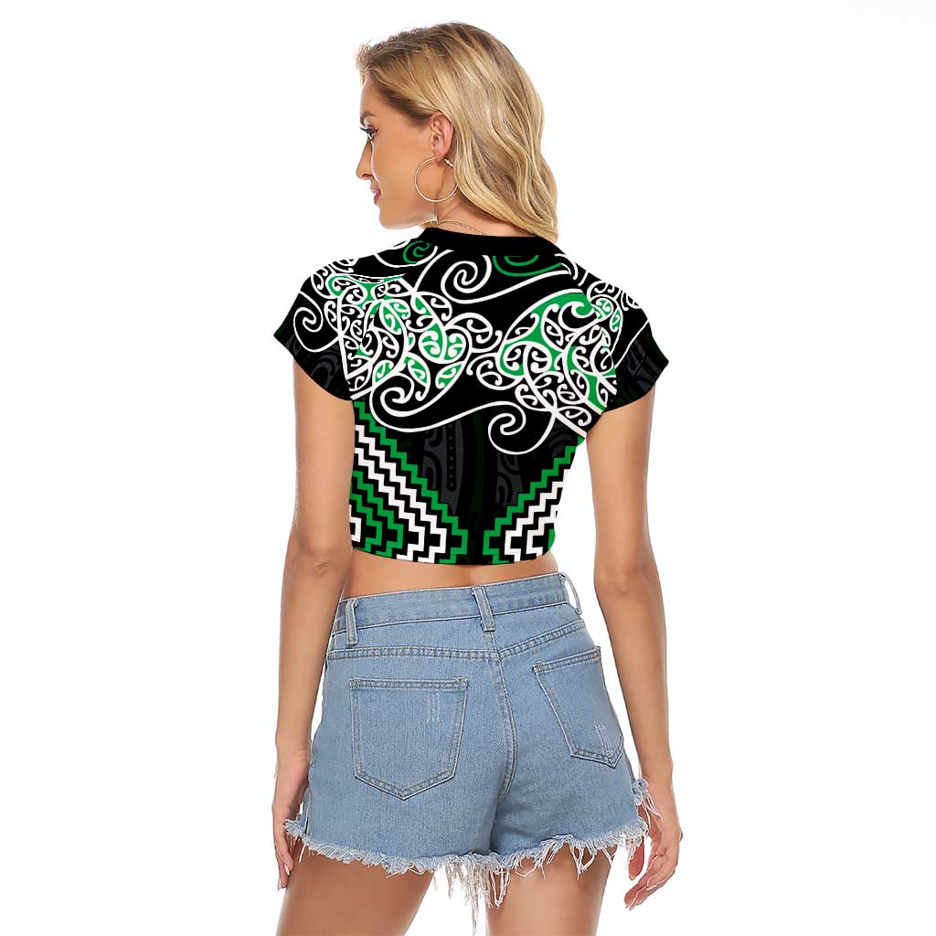 Green Aotearoa Tukutuku Manawa Tapu Raglan Cropped T Shirt Ta Moko Toi Maori LT9 - Polynesian Pride