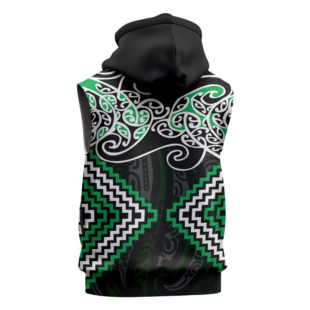 Green Aotearoa Tukutuku Manawa Tapu Sleeveless Zip Hoodie Ta Moko Toi Maori - Polynesian Pride