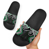 Green Aotearoa Tukutuku Manawa Tapu Slide Sandals Ta Moko Toi Maori - Polynesian Pride