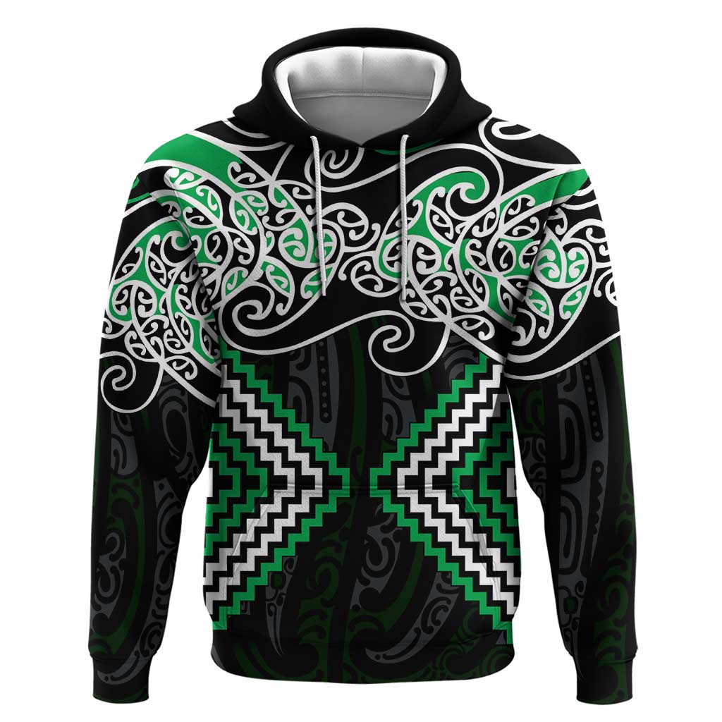 Green Aotearoa Tukutuku Manawa Tapu Zip Hoodie Ta Moko Toi Maori