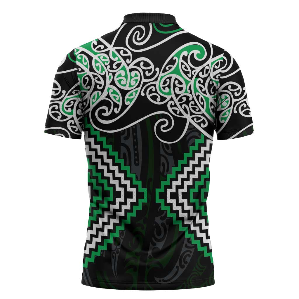 Green Aotearoa Tukutuku Manawa Tapu Zipper Polo Shirt Ta Moko Toi Maori - Polynesian Pride