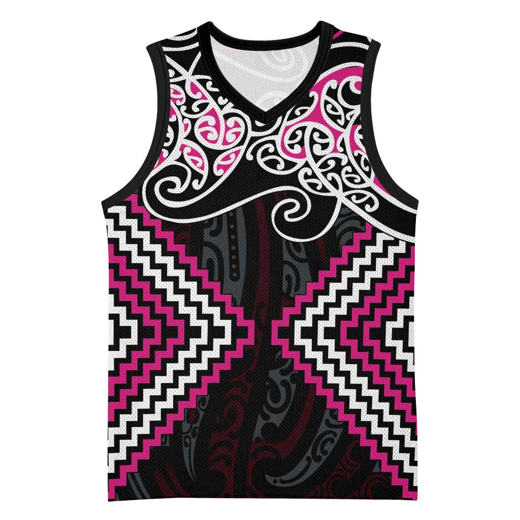 Pink Aotearoa Tukutuku Manawa Tapu Basketball Jersey Ta Moko Toi Maori - Polynesian Pride