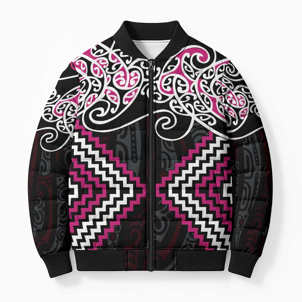 Pink Aotearoa Tukutuku Manawa Tapu Bomber Puffer Jacket Ta Moko Toi Maori - Polynesian Pride