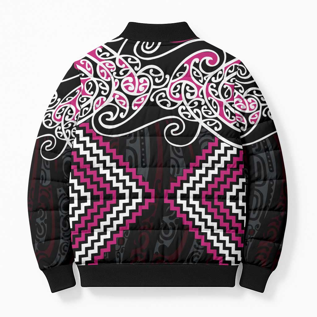 Pink Aotearoa Tukutuku Manawa Tapu Bomber Puffer Jacket Ta Moko Toi Maori - Polynesian Pride