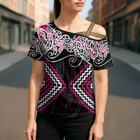 Pink Aotearoa Tukutuku Manawa Tapu Cross Shoulder Shirt Ta Moko Toi Maori - Polynesian Pride