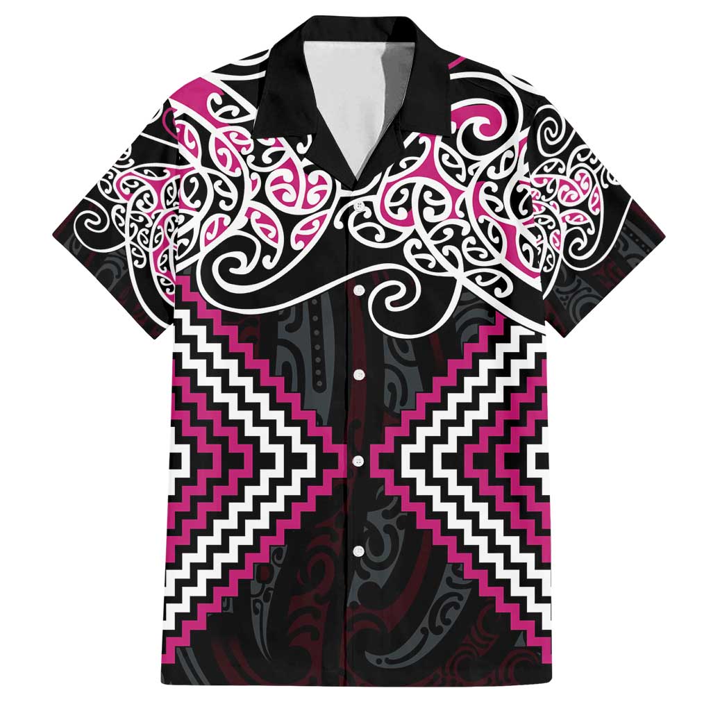 Pink Aotearoa Tukutuku Manawa Tapu Family Matching Off Shoulder Short Dress and Hawaiian Shirt Ta Moko Toi Maori