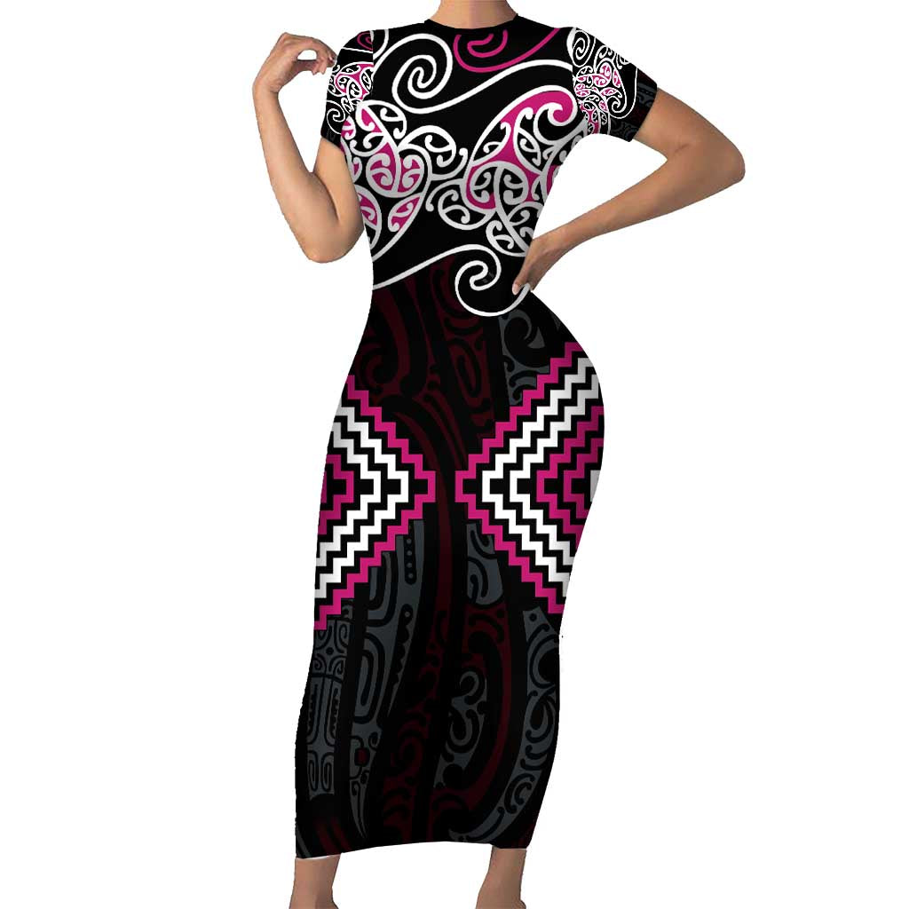 Pink Aotearoa Tukutuku Manawa Tapu Family Matching Short Sleeve Bodycon Dress and Hawaiian Shirt Ta Moko Toi Maori
