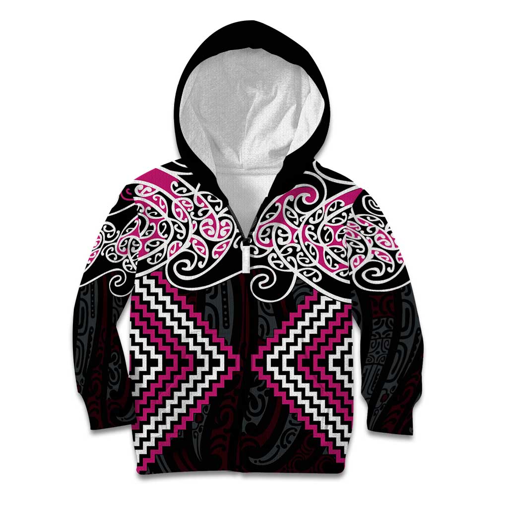 Pink Aotearoa Tukutuku Manawa Tapu Kid Hoodie Ta Moko Toi Maori LT9 Zip Hoodie Pink - Polynesian Pride