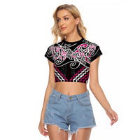 Pink Aotearoa Tukutuku Manawa Tapu Raglan Cropped T Shirt Ta Moko Toi Maori LT9 Female Pink - Polynesian Pride