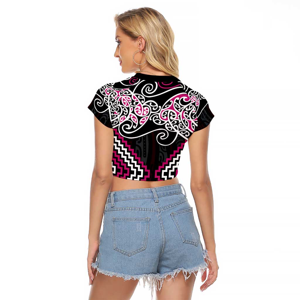 Pink Aotearoa Tukutuku Manawa Tapu Raglan Cropped T Shirt Ta Moko Toi Maori LT9 - Polynesian Pride