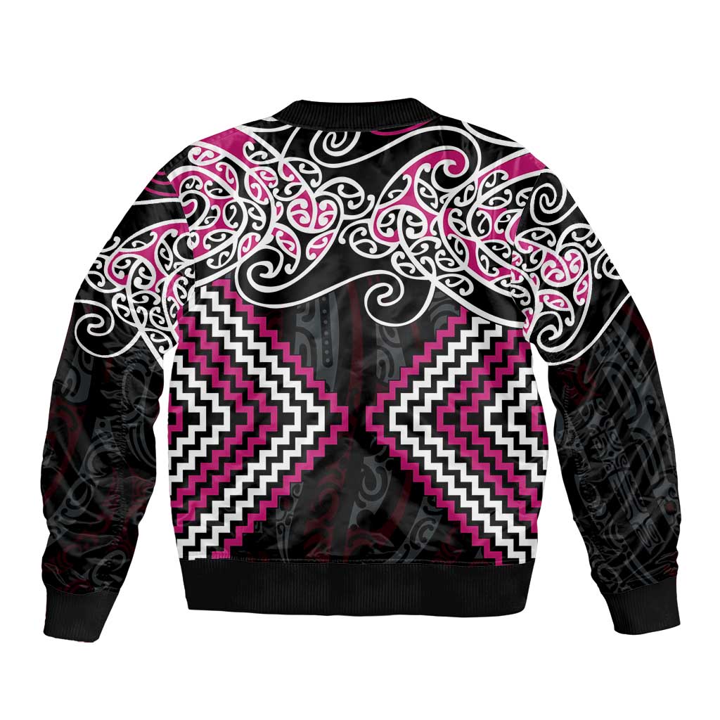 Pink Aotearoa Tukutuku Manawa Tapu Sleeve Zip Bomber Jacket Ta Moko Toi Maori