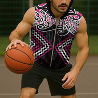 Pink Aotearoa Tukutuku Manawa Tapu Sleeveless Zip Hoodie Ta Moko Toi Maori - Polynesian Pride