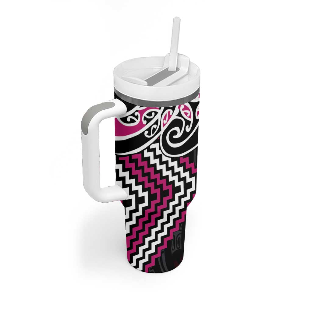 Pink Aotearoa Tukutuku Manawa Tapu Tumbler With Handle Ta Moko Toi Maori