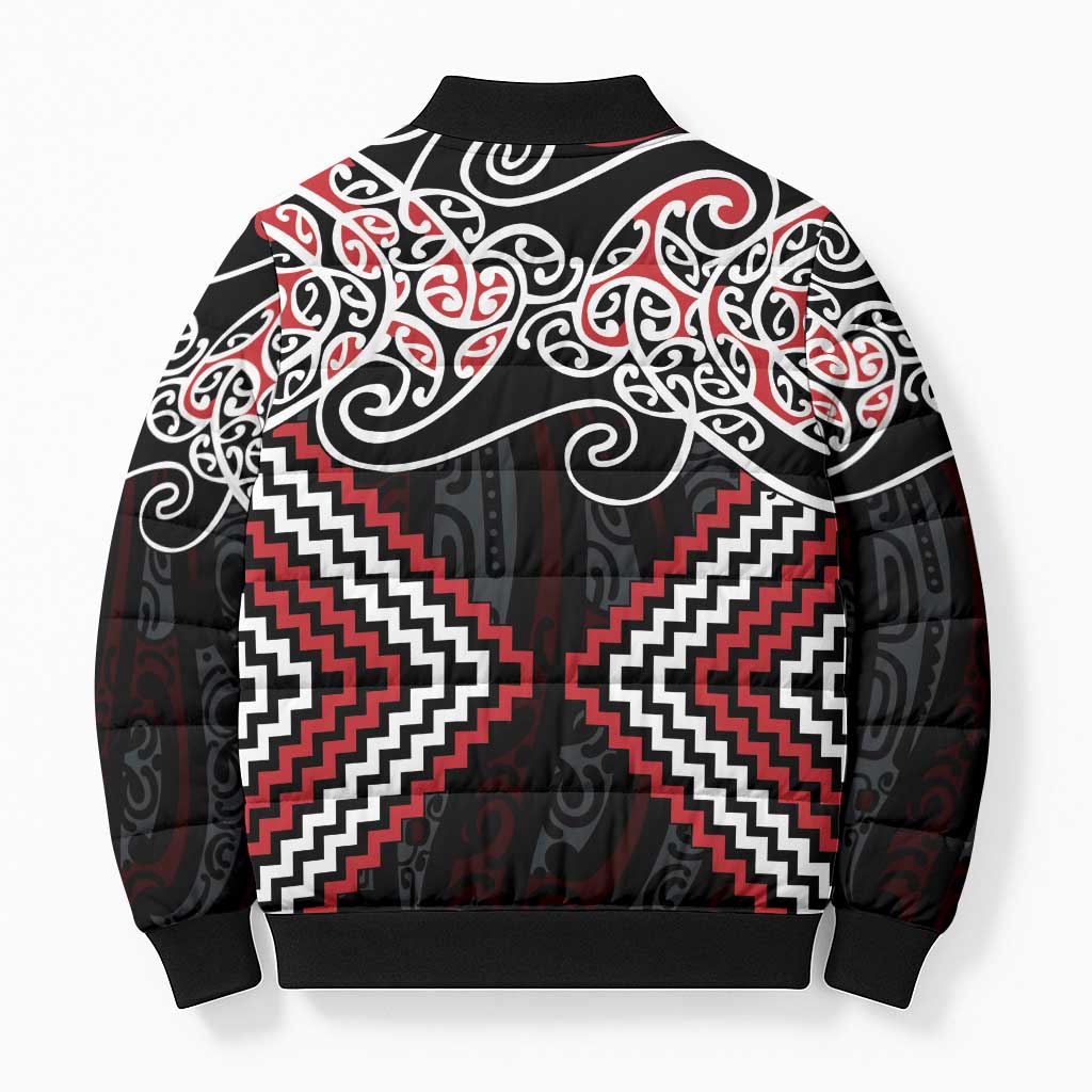 Red Aotearoa Tukutuku Manawa Tapu Bomber Puffer Jacket Ta Moko Toi Maori - Polynesian Pride