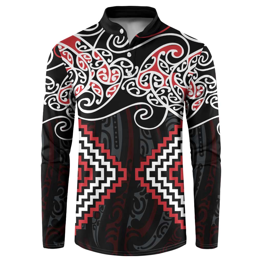 Red Aotearoa Tukutuku Manawa Tapu Button Sweatshirt Ta Moko Toi Maori LT9 Red - Polynesian Pride