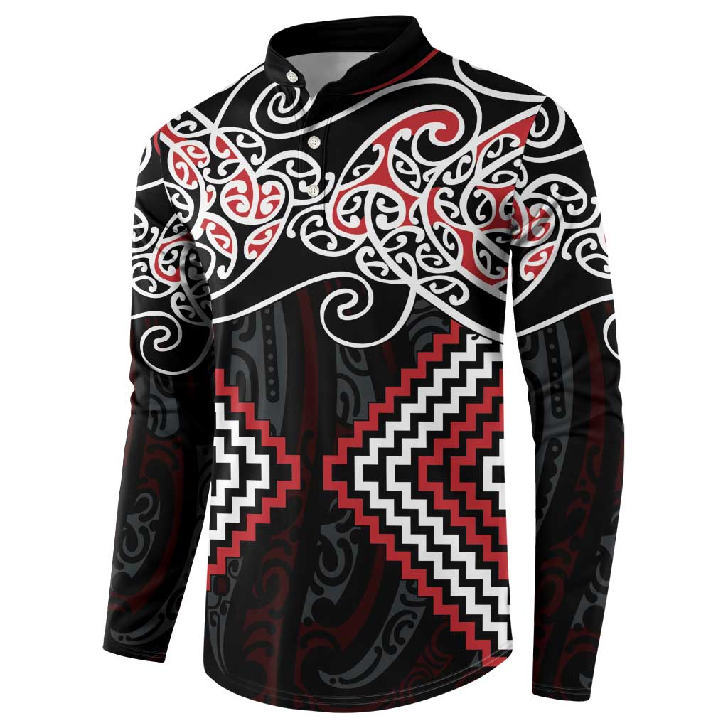 Red Aotearoa Tukutuku Manawa Tapu Button Sweatshirt Ta Moko Toi Maori LT9 - Polynesian Pride