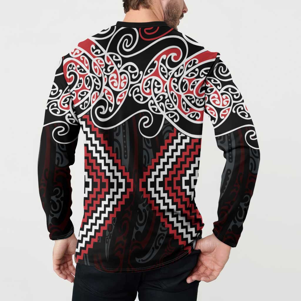 Red Aotearoa Tukutuku Manawa Tapu Button Sweatshirt Ta Moko Toi Maori LT9 - Polynesian Pride