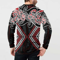 Red Aotearoa Tukutuku Manawa Tapu Button Sweatshirt Ta Moko Toi Maori LT9 - Polynesian Pride