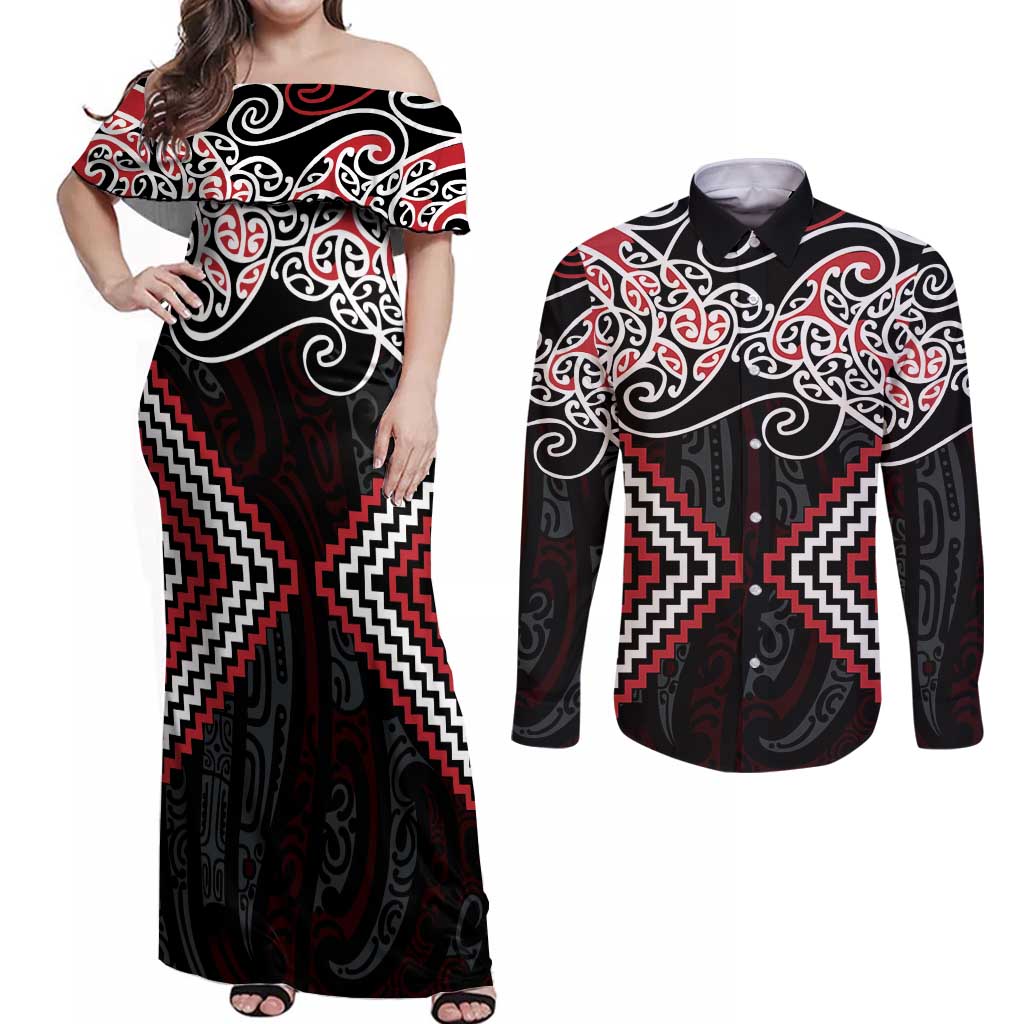 Red Aotearoa Tukutuku Manawa Tapu Couples Matching Off Shoulder Maxi Dress and Long Sleeve Button Shirt Ta Moko Toi Maori LT9 Red - Polynesian Pride