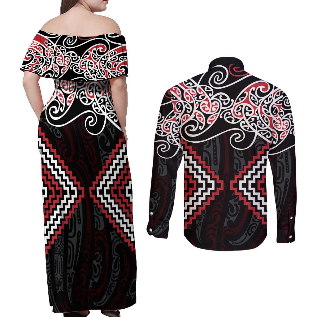 Red Aotearoa Tukutuku Manawa Tapu Couples Matching Off Shoulder Maxi Dress and Long Sleeve Button Shirt Ta Moko Toi Maori LT9 - Polynesian Pride