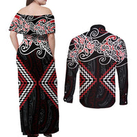 Red Aotearoa Tukutuku Manawa Tapu Couples Matching Off Shoulder Maxi Dress and Long Sleeve Button Shirt Ta Moko Toi Maori LT9 - Polynesian Pride