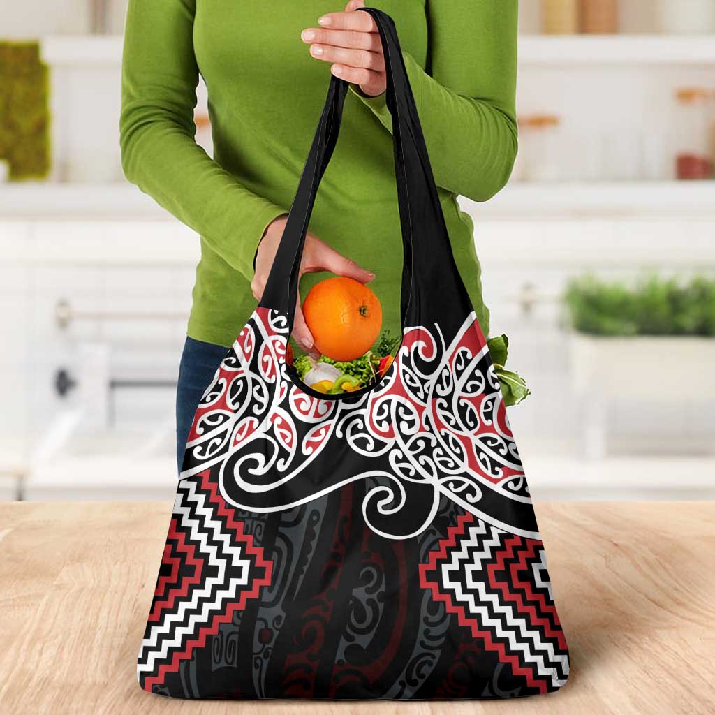 Red Aotearoa Tukutuku Manawa Tapu Grocery Bag Ta Moko Toi Maori