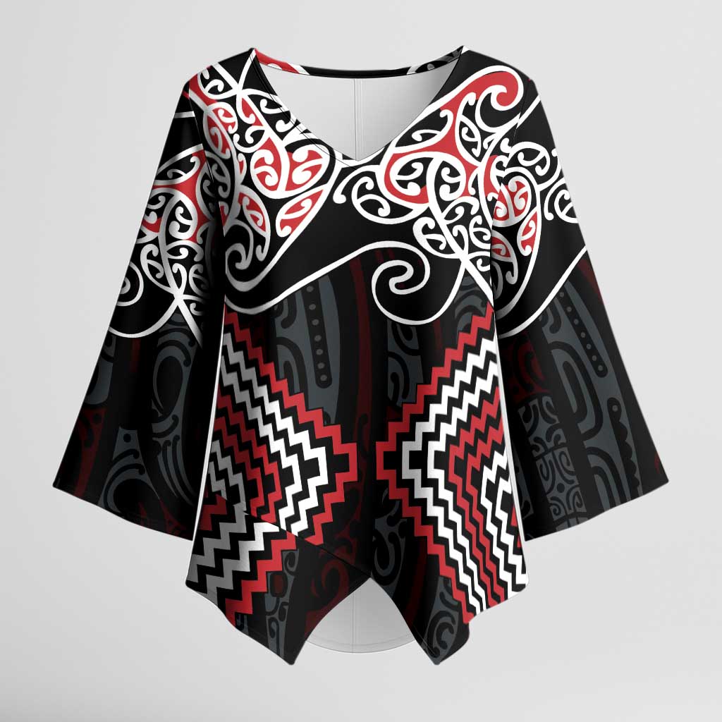 Red Aotearoa Tukutuku Manawa Tapu Kimono Sleeve Blouse Ta Moko Toi Maori - Polynesian Pride