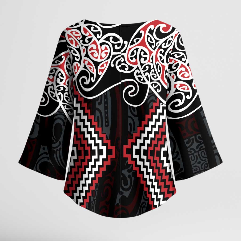 Red Aotearoa Tukutuku Manawa Tapu Kimono Sleeve Blouse Ta Moko Toi Maori - Polynesian Pride