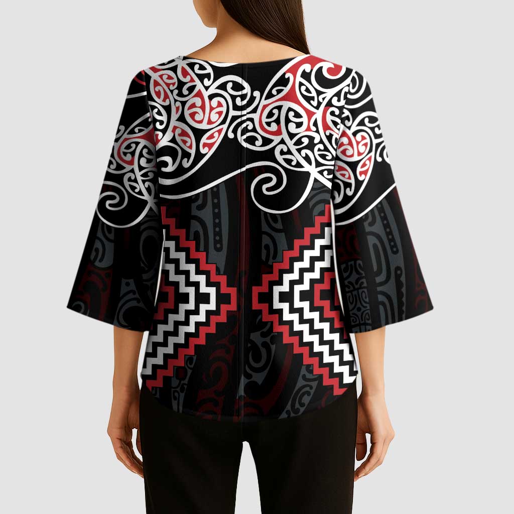 Red Aotearoa Tukutuku Manawa Tapu Kimono Sleeve Blouse Ta Moko Toi Maori - Polynesian Pride