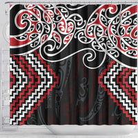 Red Aotearoa Tukutuku Manawa Tapu Shower Curtain Ta Moko Toi Maori