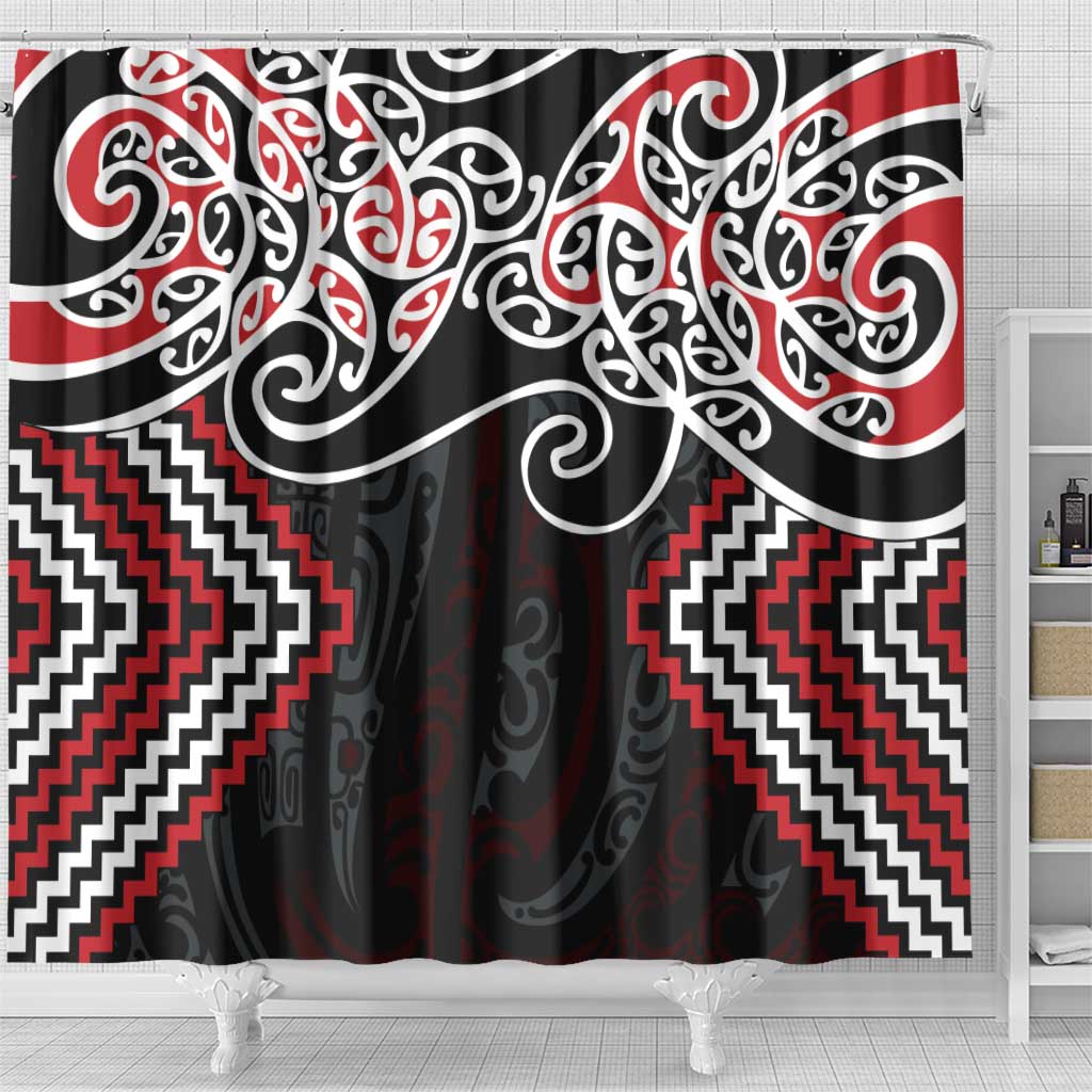 Red Aotearoa Tukutuku Manawa Tapu Shower Curtain Ta Moko Toi Maori