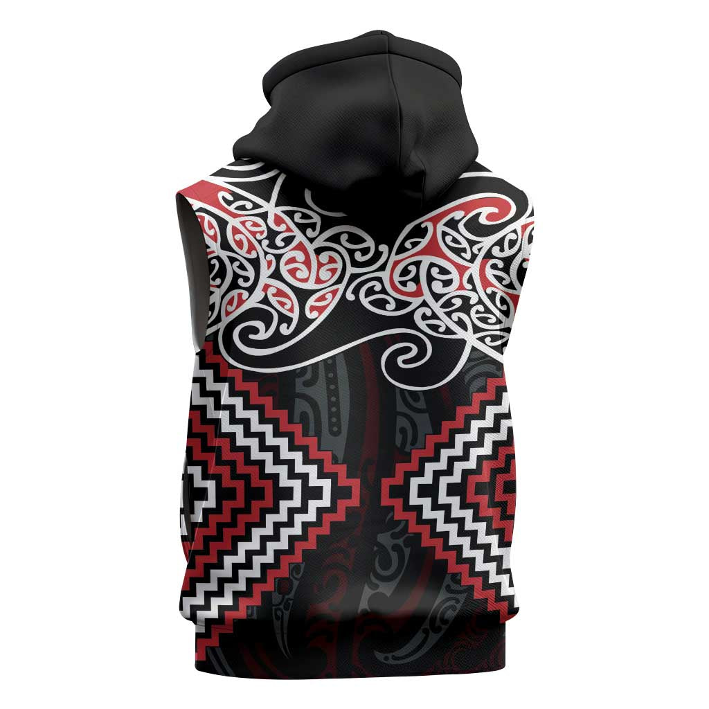 Red Aotearoa Tukutuku Manawa Tapu Sleeveless Hoodie Ta Moko Toi Maori - Polynesian Pride