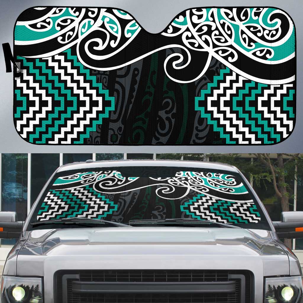 Turquoise Aotearoa Tukutuku Manawa Tapu Auto Sun Shade Ta Moko Toi Maori - Polynesian Pride