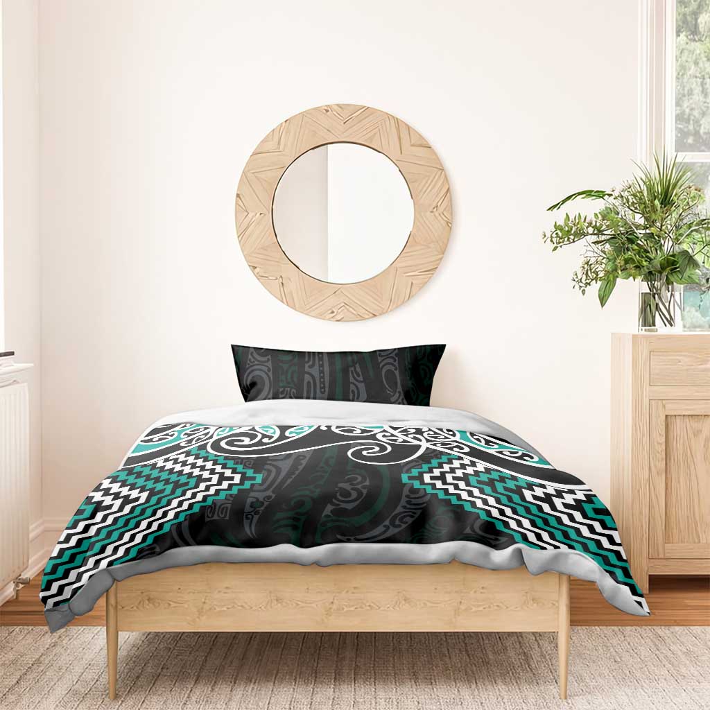 Turquoise Aotearoa Tukutuku Manawa Tapu Bedding Set Ta Moko Toi Maori