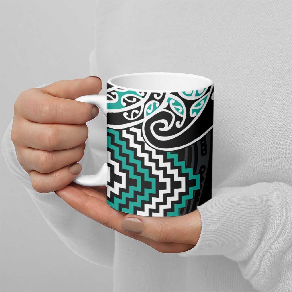 Turquoise Aotearoa Tukutuku Manawa Tapu Ceramic Mug Ta Moko Toi Maori - Polynesian Pride